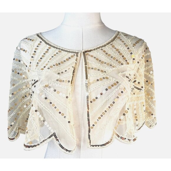 Beaded Sequins OS Capelet Scalloped Shawl Elegant Sheer Vintage Style Ivory - Picture 2 of 16